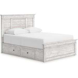 Signature Design by Ashley Fenderport Queen Bedframe with Storage, Panel Platform Bed with Headboard, Bedroom Furniture with 2 Drawers, Whitewash Finish