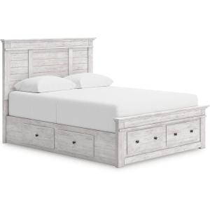 Signature Design by Ashley Fenderport Queen Panel Storage Bed, Platform Bedframe with Headboard and Four Drawers, Whitewash Finished Bedroom Furniture