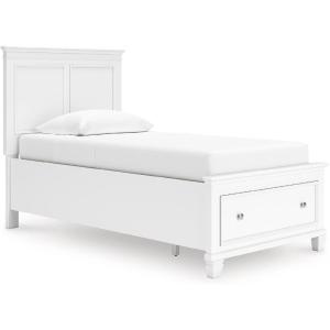 Signature Design by Ashley Fortman Twin Bed Frame with Headboard, Storage Footboard with Drawer, Platform Design, Hardwood Solids and MDF, Casual Bedroom Furniture, White