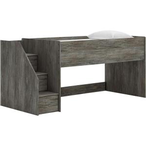 Signature Design by Ashley Franden Twin Loft Bed, Space-Saving Storage Steps, Rustic Warm Gray Finish, Casual Industrial Style for Kids and Teens Bedrooms