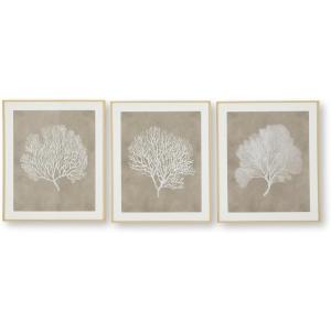 Signature Design by Ashley Hendridge Wall Art Set of 3 Framed Prints, Coastal Coral Decor with Acrylic Front and Mat, Vertical Hanging for Living Room or Bedroom Walls, Light Brown Frame