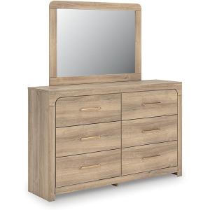 Signature Design by Ashley Hollymount Dresser with 6 Smooth-Gliding Drawers, Bronze-Tone Handles and Mirror, Casual Bedroom Storage Furniture, Light Brown