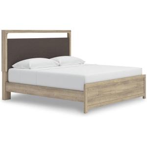 Signature Design by Ashley Hollymount King Platform Bed Frame with Upholstered Headboard, Touch LED Lighting with 3 Brightness Levels, Warm Oak Finish Bedroom Furniture
