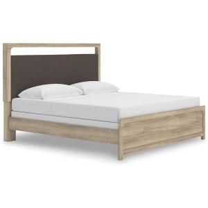 Signature Design by Ashley Hollymount King Size Bedframe, Bed Frame with Upholstered Panel Headboard, Touch LED Lighting with 3 Brightness Levels, Warm Oak Finish