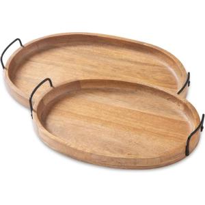 Signature Design by Ashley Jocelyn Wooden 2 Piece Tray Set with Metal Handles, Brown(Oval)