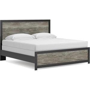 Signature Design by Ashley Jonnifer King Panel Bed Frame with Headboard, Two‑Tone Textured Finish, Engineered Wood and Decorative Laminate, Bedroom Furniture, Warm Gray and Matte Black