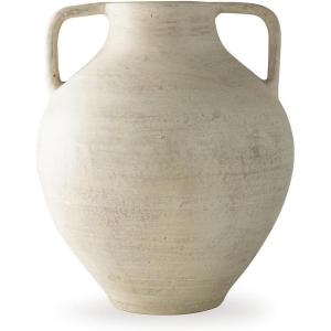 Signature Design by Ashley Justy Vase, Terra Cotta Decor with Antiqued Beige Finish for Faux Florals and Dried Arrangements, Sculptural Accent for Tabletops, 15″ H