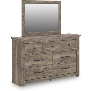 Signature Design by Ashley Keithland Dresser and Mirror Set, Horizontal Chest with 7 Drawers, Hickory‑Look Finish, Traditional Storage Furniture for Bedroom