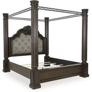 Signature Design by Ashley Maylee Queen Bed Frame with Headboard, Upholstered Canopy Design with Metal Rails and Ornate Posts for Primary Bedroom, Dark Brown