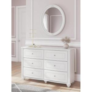 Signature Design by Ashley Maylilly Dresser and Mirror Set, White Chest with 6 Smooth-Gliding Drawers, Crystal Knobs and Bun Feet for Kids Bedroom Decor