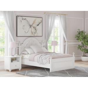 Signature Design by Ashley Maylilly Full Upholstered Panel Bedframe with LED Headboard Lights, Matte White Finish, Button‑Tufted Upholstery for Kids Bedroom