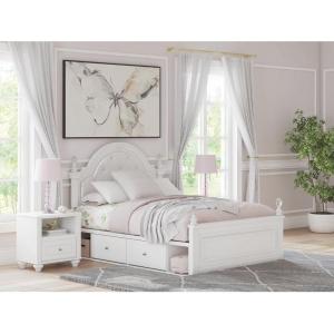Signature Design by Ashley Maylilly Full Upholstered Panel Storage Bed Frame with Headboard, LED Lights and Drawers, Matte White for Teen and Kids Bedroom