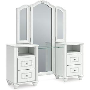 Signature Design by Ashley Maylilly Vanity with Mirror, Makeup Desk with LED Lighting, Matte White Teen Bedroom Set for Morning Routines, 60.25″ W x 16.25″ D x 64″ H