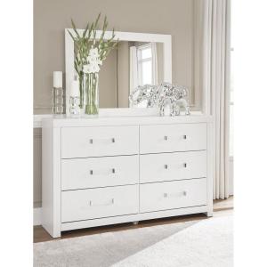Signature Design by Ashley Raechalla Dresser with Mirror, Modern Glam Bedroom Storage with 6 Drawers, Engineered Wood and Decorative Laminate, Matte White Finish