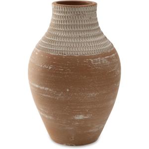 Signature Design by Ashley Reclove Casual Indoor Abstract Terra Cotta Tabletop Vase, White & Light Brown(White & Light Brown)