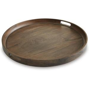 Signature Design by Ashley Webbworth Casual Round Serving Tray with Handle, Dark Brown