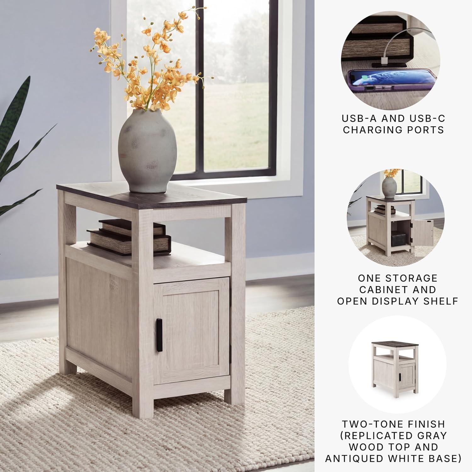 imageSignature Design by Ashley Fendenmore Farmhouse Chairside End Table with Storage and USB Ports Gray amp WhiteGray White