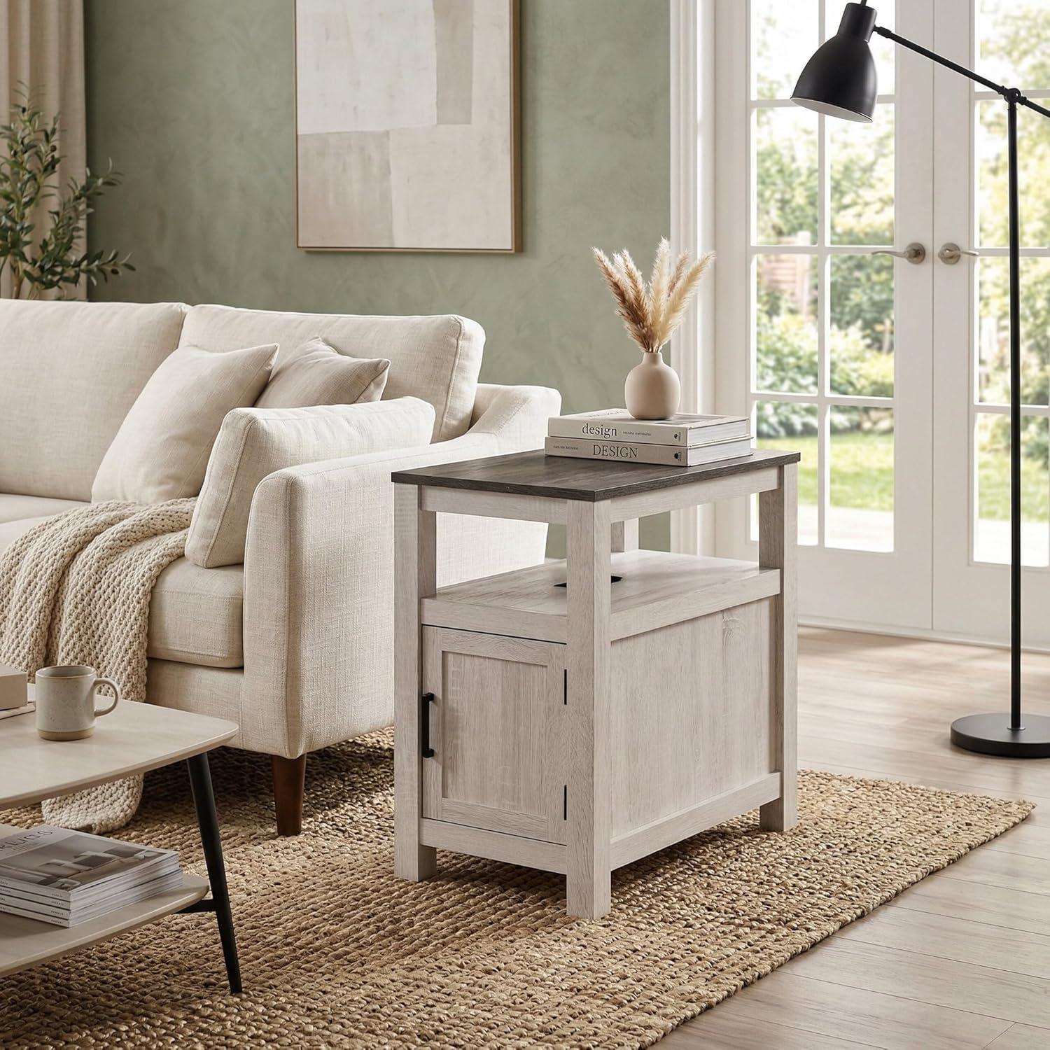 imageSignature Design by Ashley Fendenmore Farmhouse Chairside End Table with Storage and USB Ports Gray amp WhiteGray White