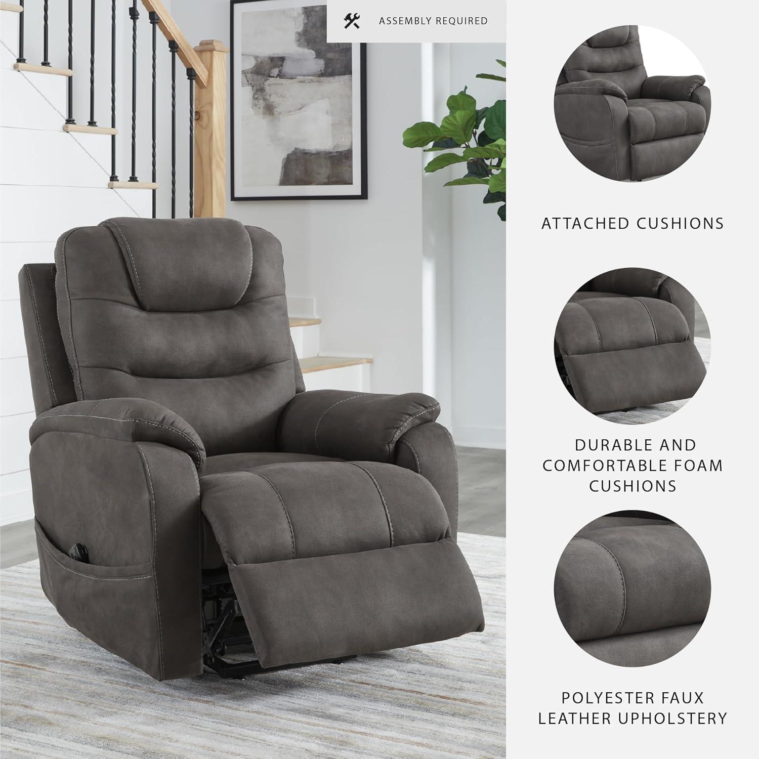 imageSignature Design By Ashley Snowfield Recliner Chair Power Lift with Heat and Massage Faux Leather Upholstery Easy View Adjustable Headrest USB Charging Living Room Comfort