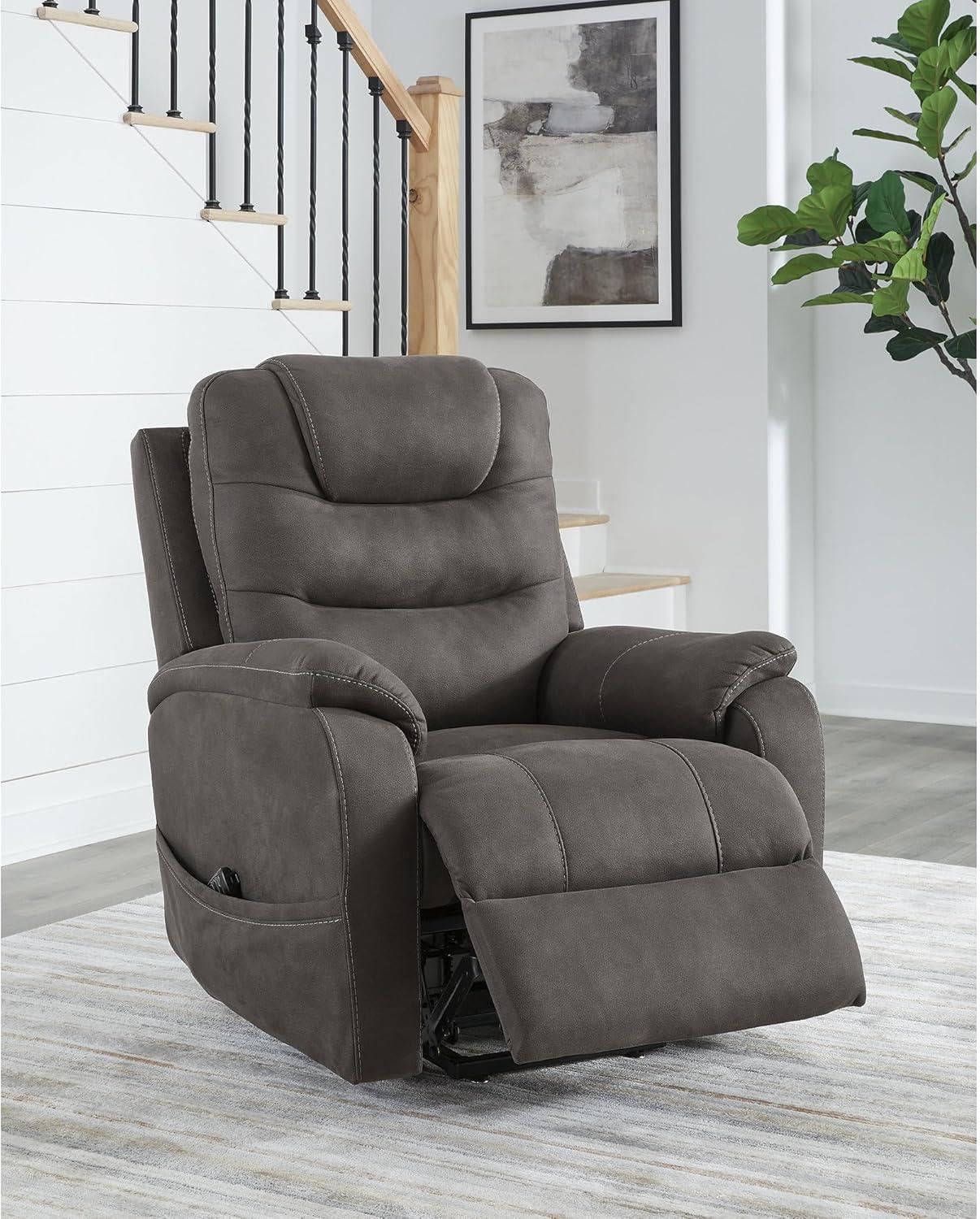imageSignature Design By Ashley Snowfield Recliner Chair Power Lift with Heat and Massage Faux Leather Upholstery Easy View Adjustable Headrest USB Charging Living Room Comfort