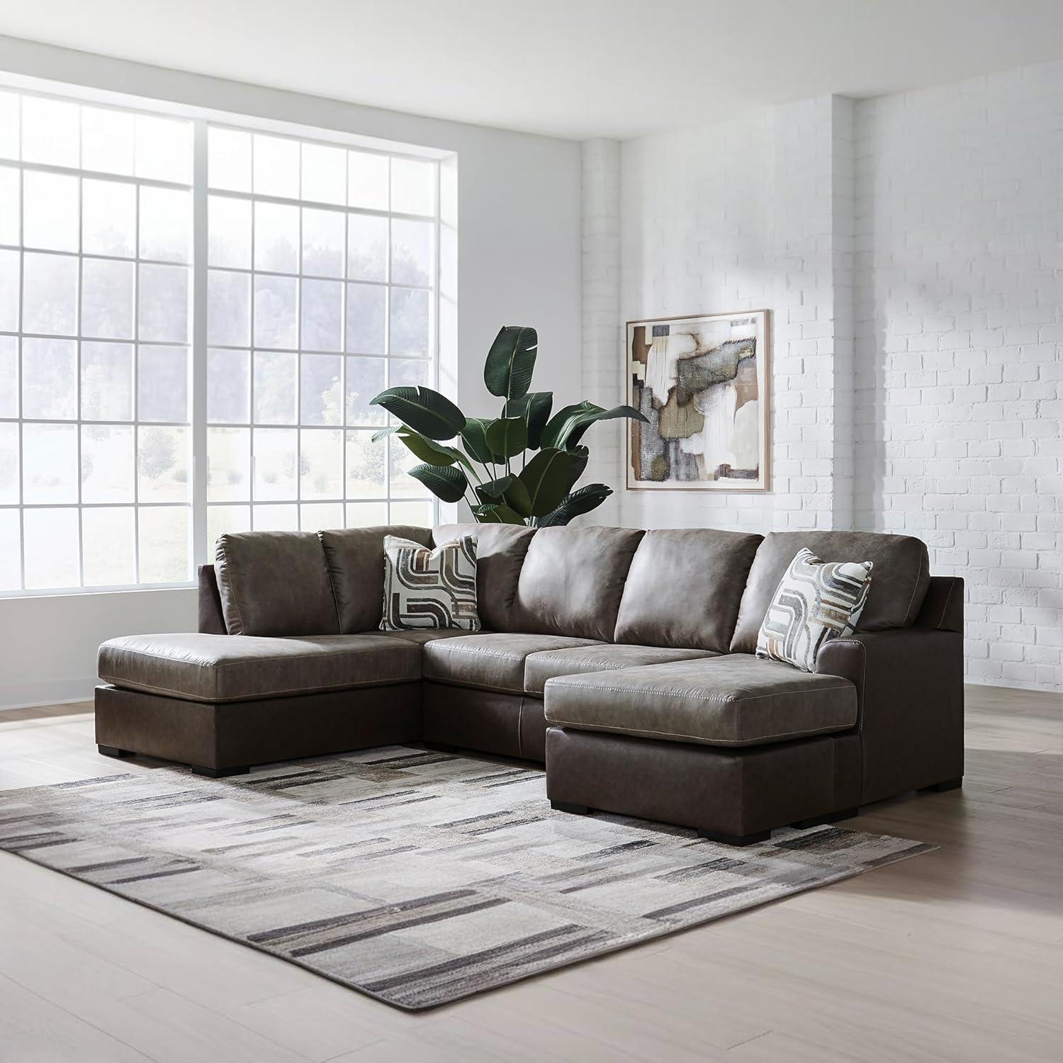 imageSignature Design by Ashley Baltic Park Sectional Sofa with Chaise Faux Leather Couch with Plush Cushions Modern Living Room Seating for Everyday Lounging Brown