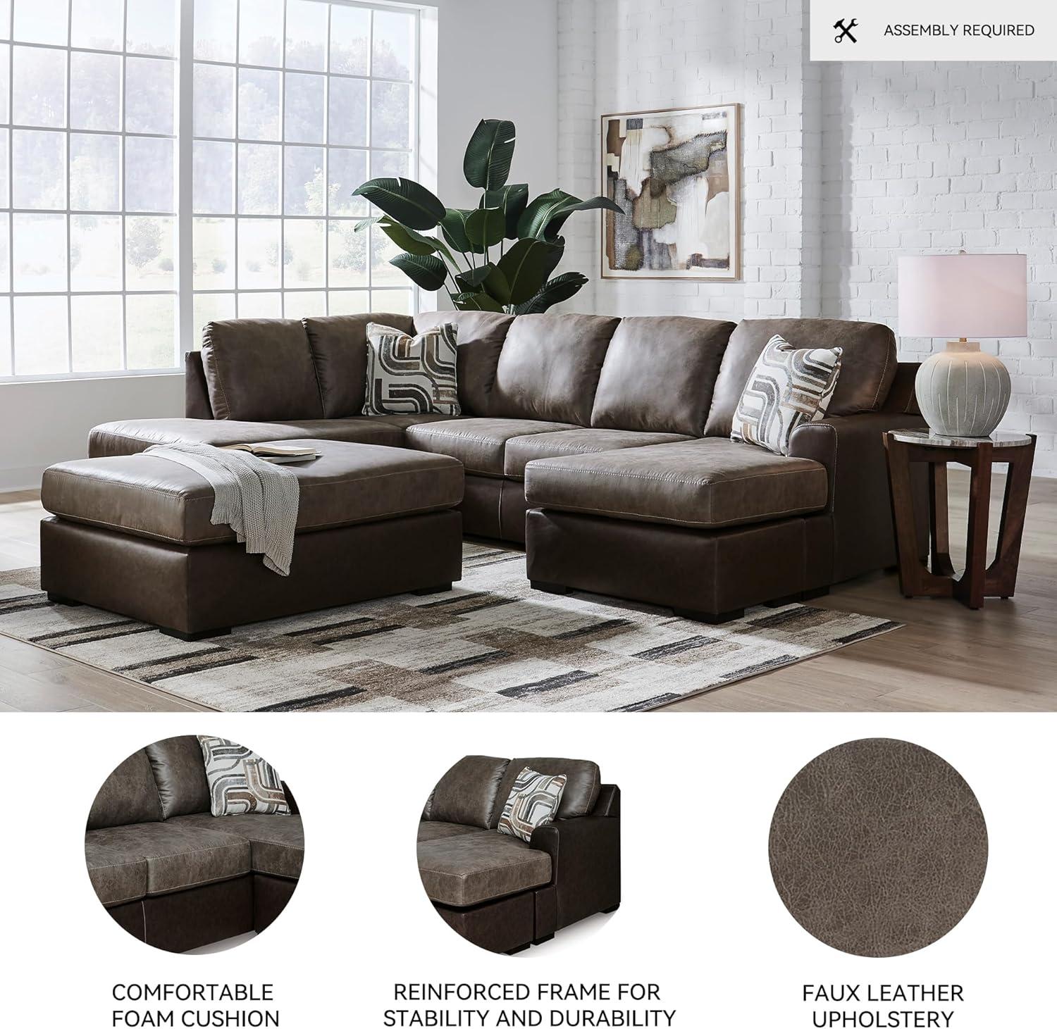 imageSignature Design by Ashley Baltic Park Sectional Sofa with Chaise Faux Leather Couch with Plush Cushions Modern Living Room Seating for Everyday Lounging Brown
