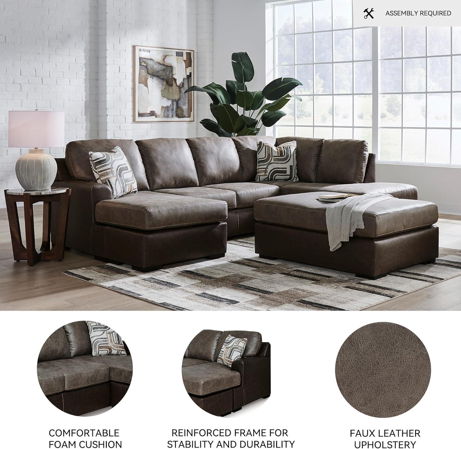 imageSignature Design by Ashley BalticPark Sectional Sofa with Double Chaise Modern Faux Leather Couch for Living Room Apartment Size Brown 122 W x 86 D x 39 H