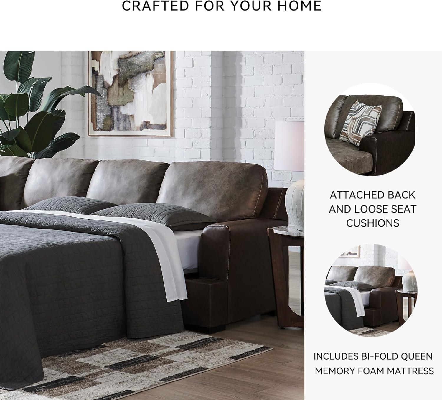 imageSignature Design by Ashley BalticPark Sleeper Sectional Sofa with Chaise Faux Leather Couch Bed with Queen Memory Foam Mattress for Living Room Lounging Brown