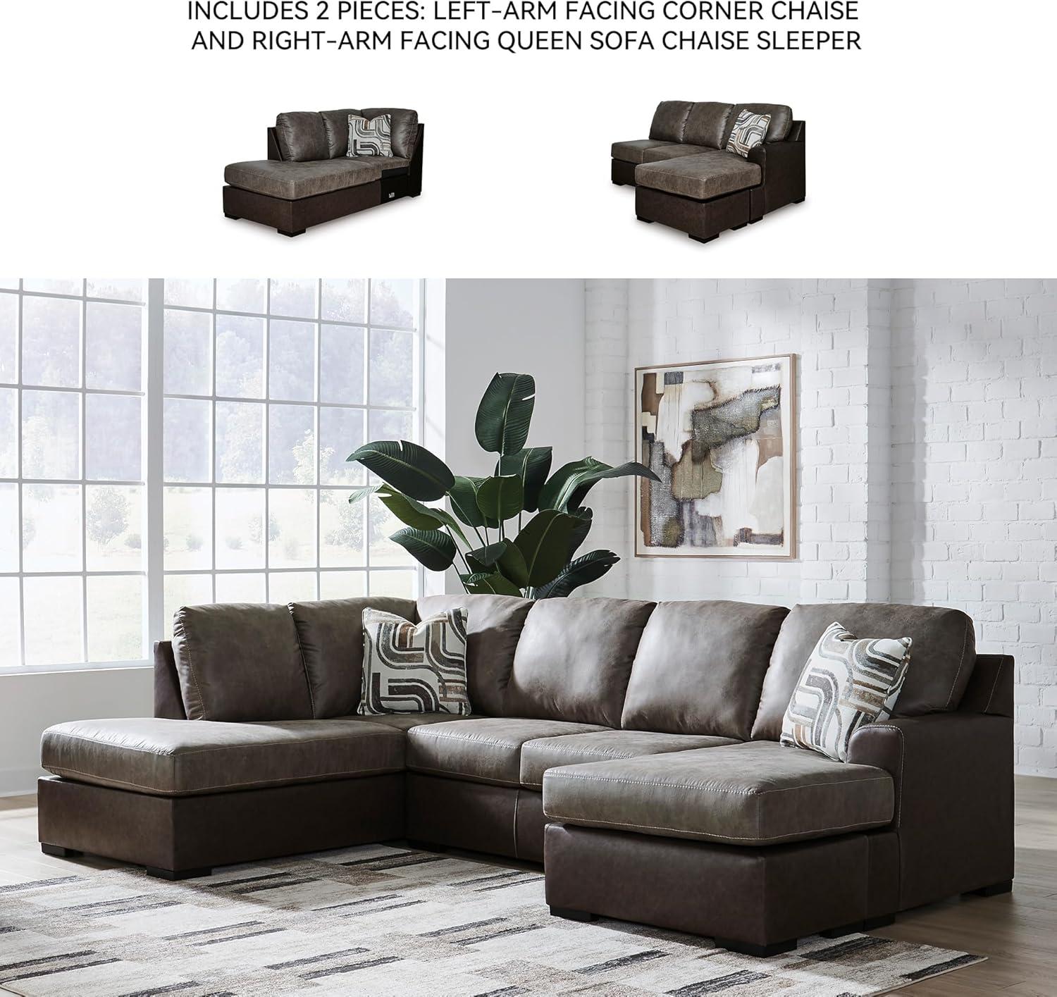 imageSignature Design by Ashley BalticPark Sleeper Sectional Sofa with Chaise Faux Leather Couch Bed with Queen Memory Foam Mattress for Living Room Lounging Brown