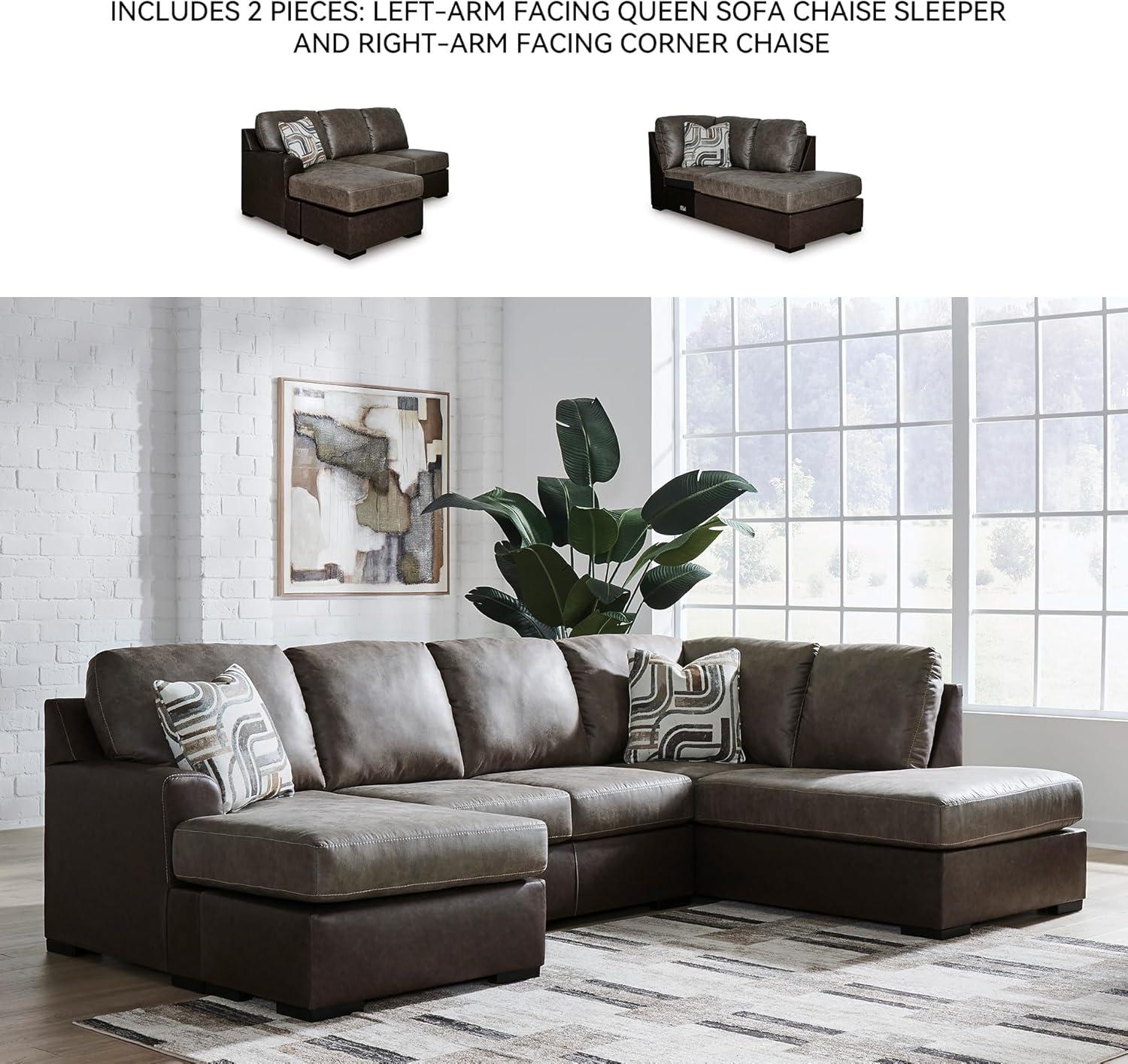 imageSignature Design by Ashley BalticPark Sleeper Sectional Sofa with Chaise Faux Leather Couch Bed with Queen Memory Foam Mattress for Modern Living Room Lounging Brown