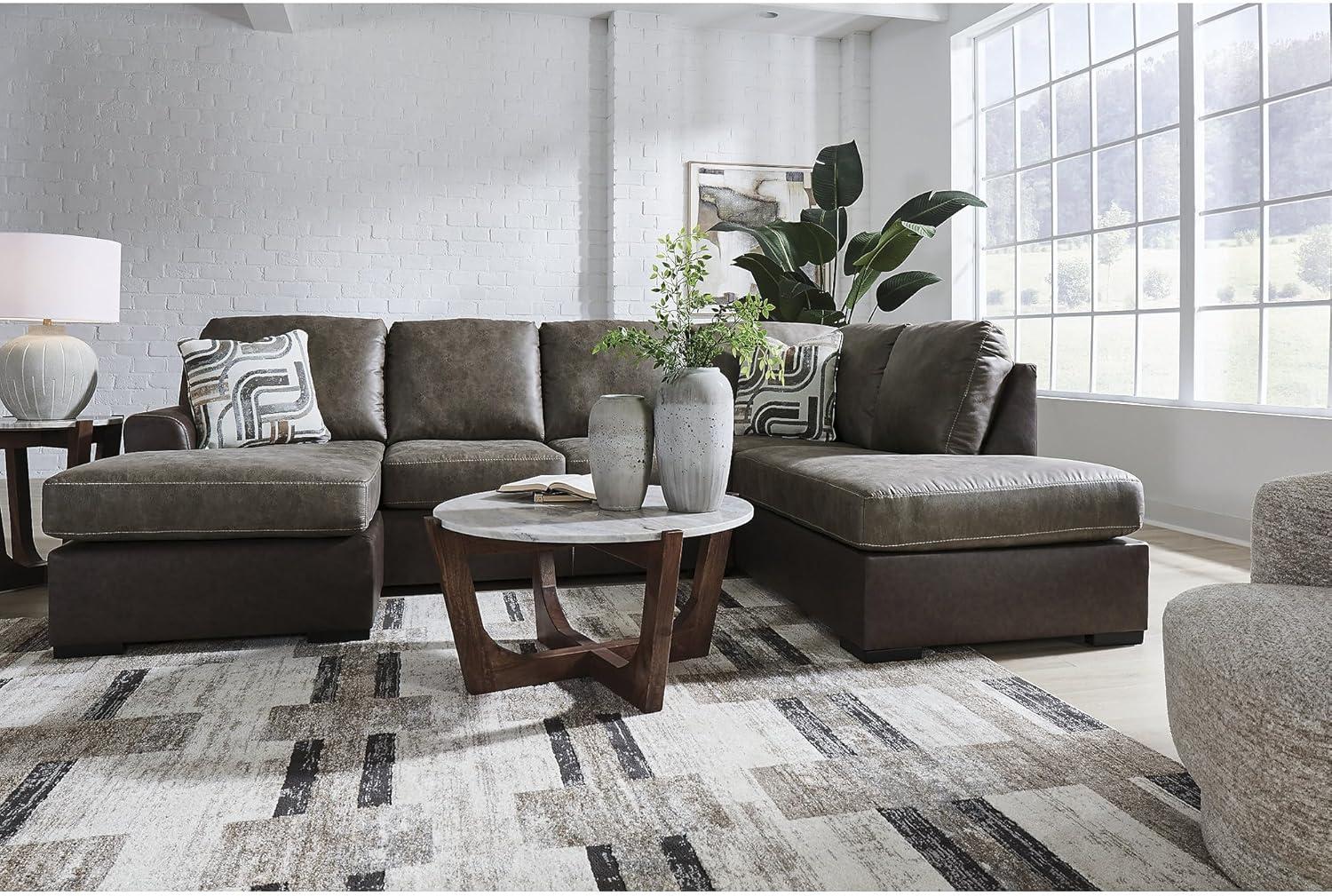 imageSignature Design by Ashley BalticPark Sleeper Sectional Sofa with Chaise Faux Leather Couch Bed with Queen Memory Foam Mattress for Modern Living Room Lounging Brown