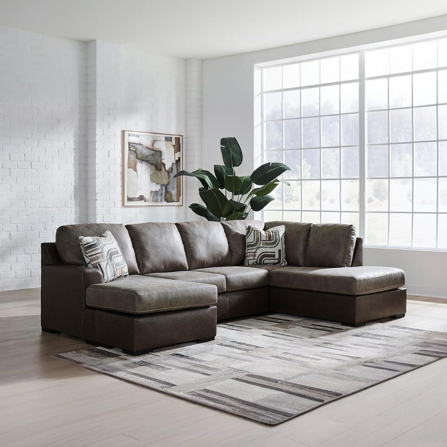imageSignature Design by Ashley BalticPark Sleeper Sectional Sofa with Chaise Faux Leather Couch Bed with Queen Memory Foam Mattress for Modern Living Room Lounging Brown