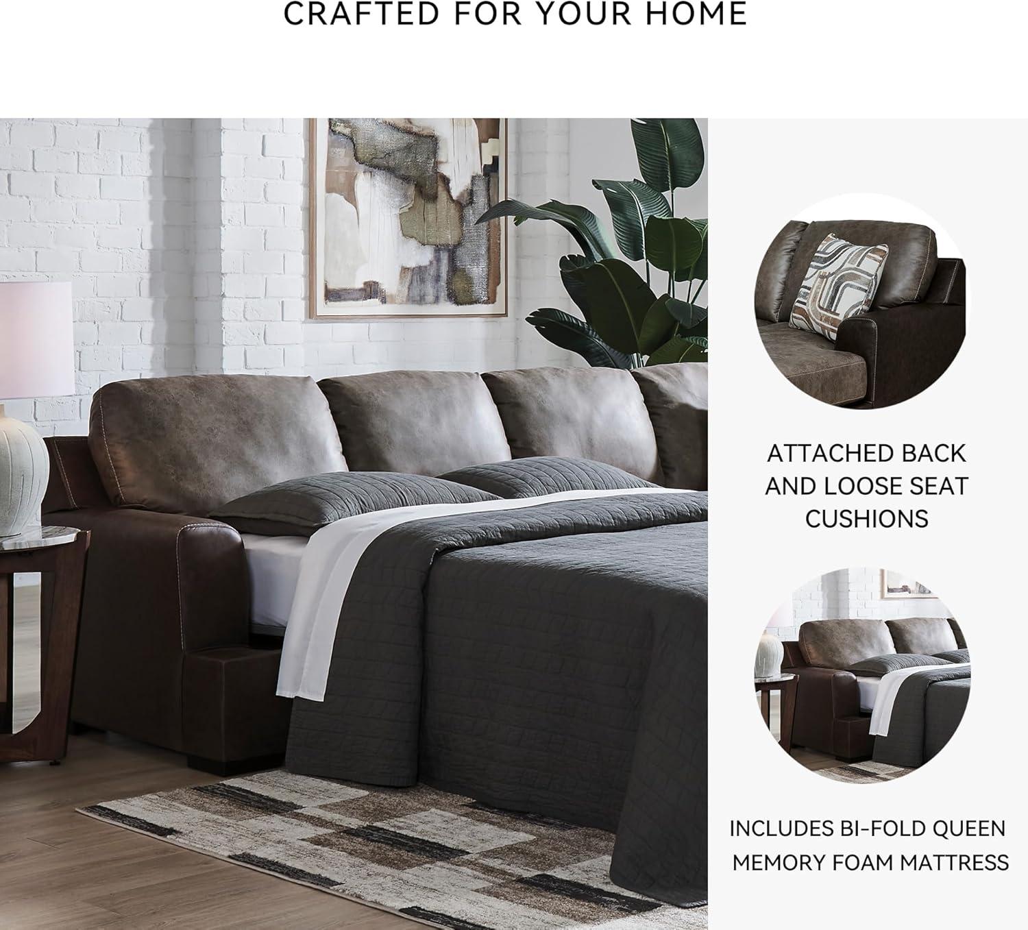 imageSignature Design by Ashley BalticPark Sleeper Sectional Sofa with Chaise Faux Leather Couch Bed with Queen Memory Foam Mattress for Modern Living Room Lounging Brown