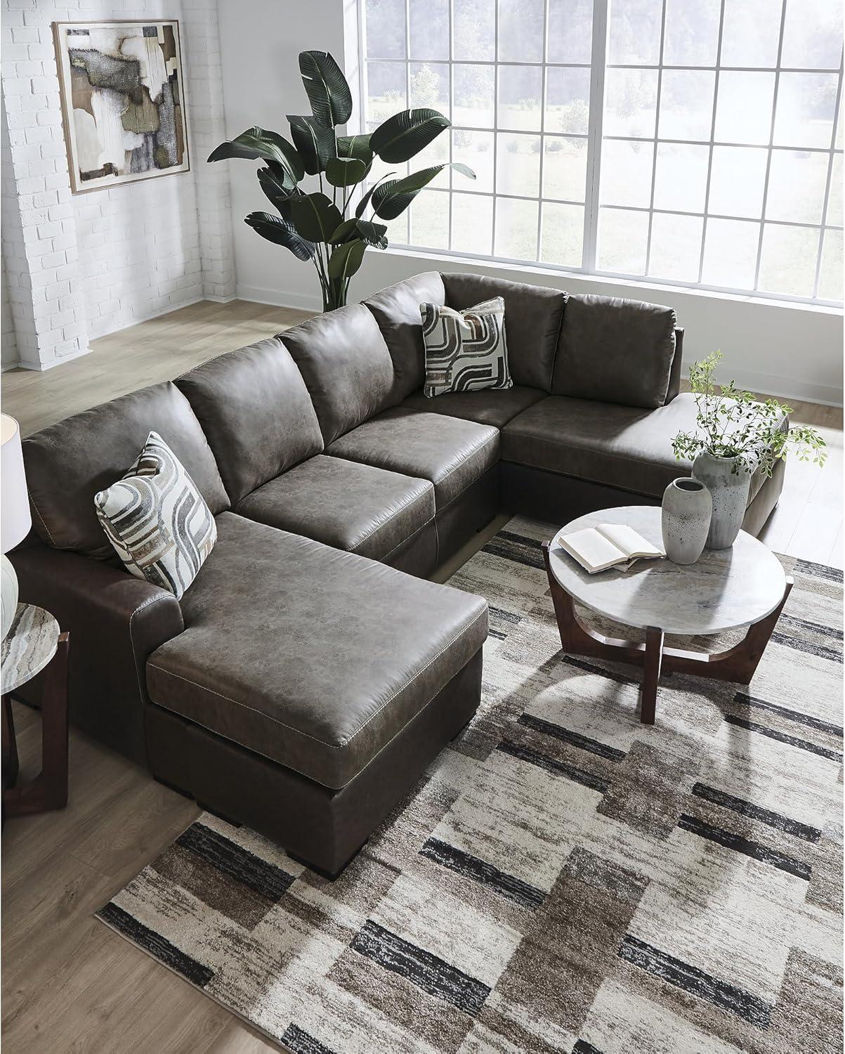 imageSignature Design by Ashley BalticPark Sleeper Sectional Sofa with Chaise Faux Leather Couch Bed with Queen Memory Foam Mattress for Modern Living Room Lounging Brown