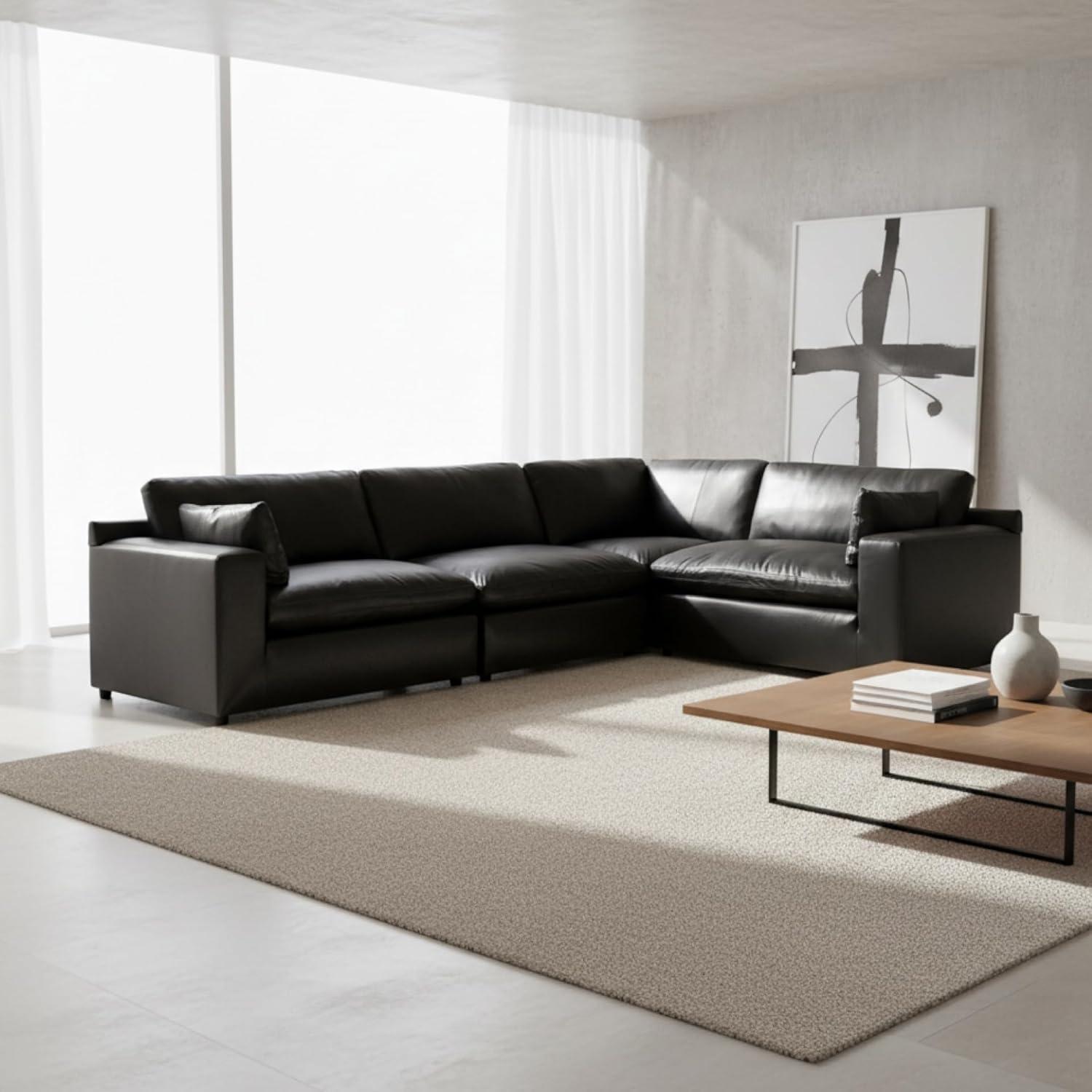 imageSignature Design by Ashley Emilia Sectional Sofa Modular Leather Couch with Feather Cushions Contemporary Living Room Seating with Floating Pieces 130 W x 90 D x 36 H