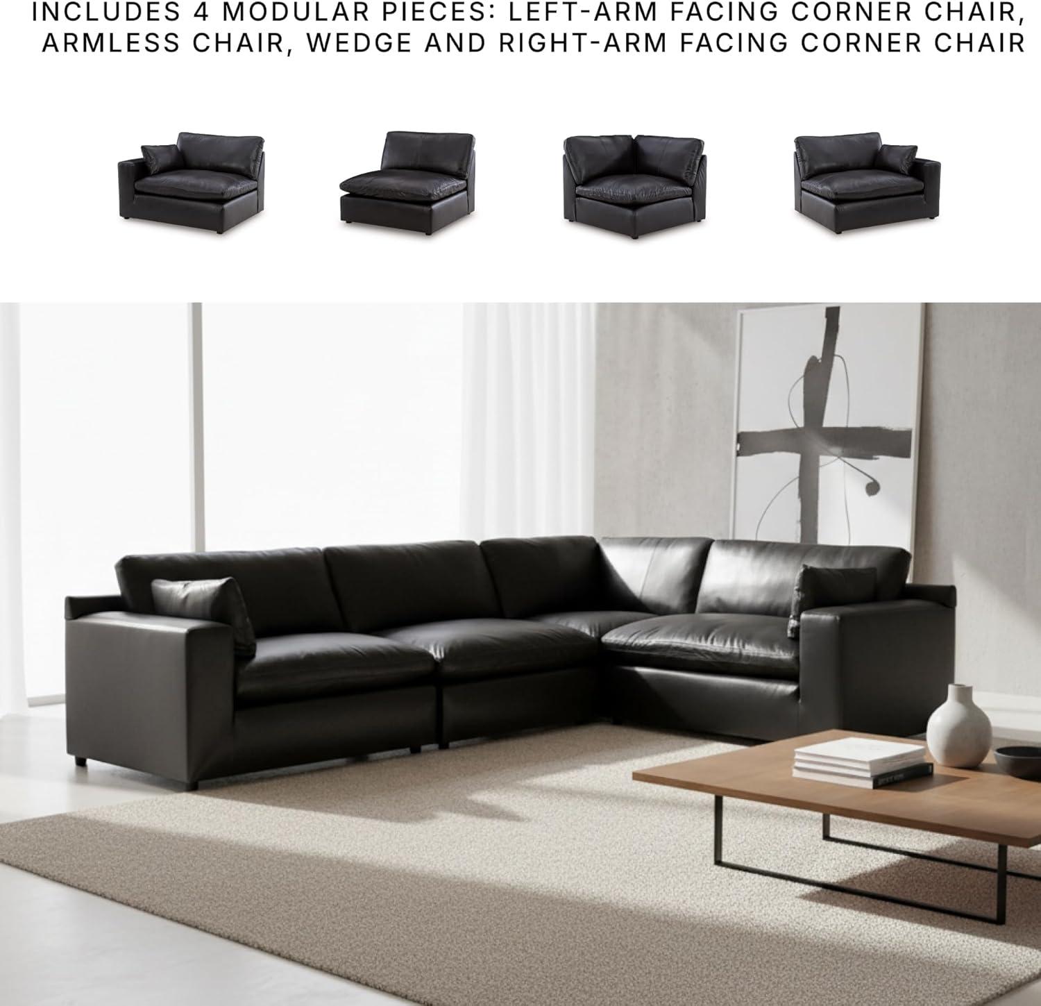 imageSignature Design by Ashley Emilia Sectional Sofa Modular Leather Couch with Feather Cushions Contemporary Living Room Seating with Floating Pieces 130 W x 90 D x 36 H