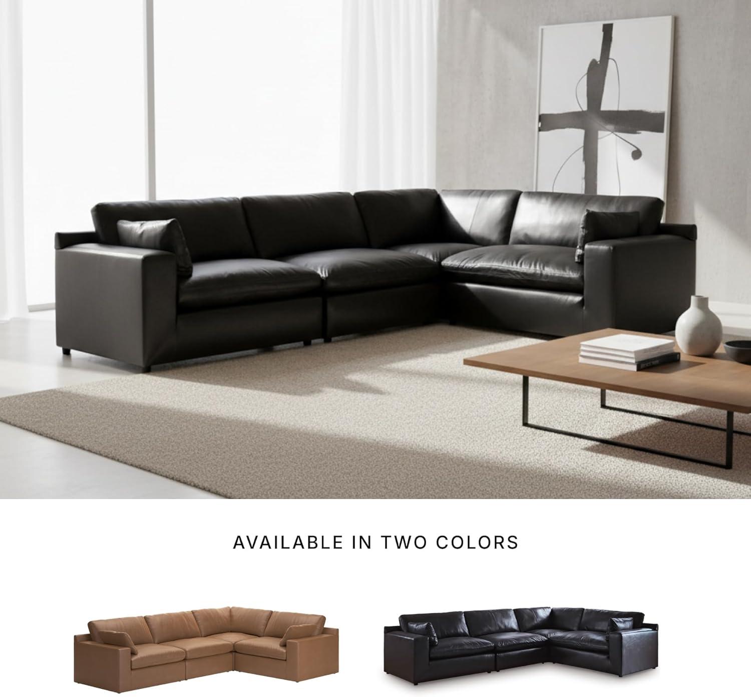 imageSignature Design by Ashley Emilia Sectional Sofa Modular Leather Couch with Feather Cushions Contemporary Living Room Seating with Floating Pieces 130 W x 90 D x 36 H