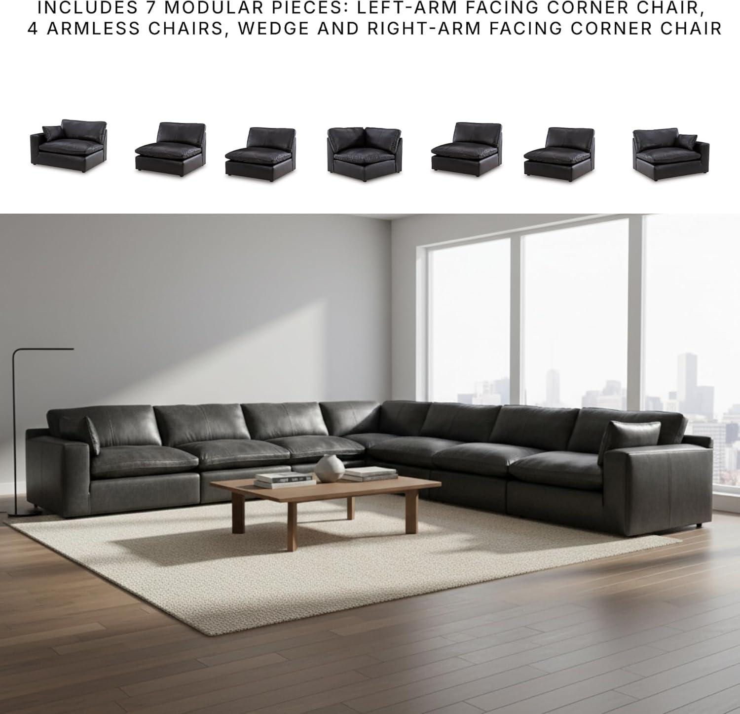 imageSignature Design by Ashley Emilia Sectional Sofa Modular Leather Couch with Feather Cushions Contemporary Living Room Seating with Floating Pieces 170 W x 170 D x 36 H