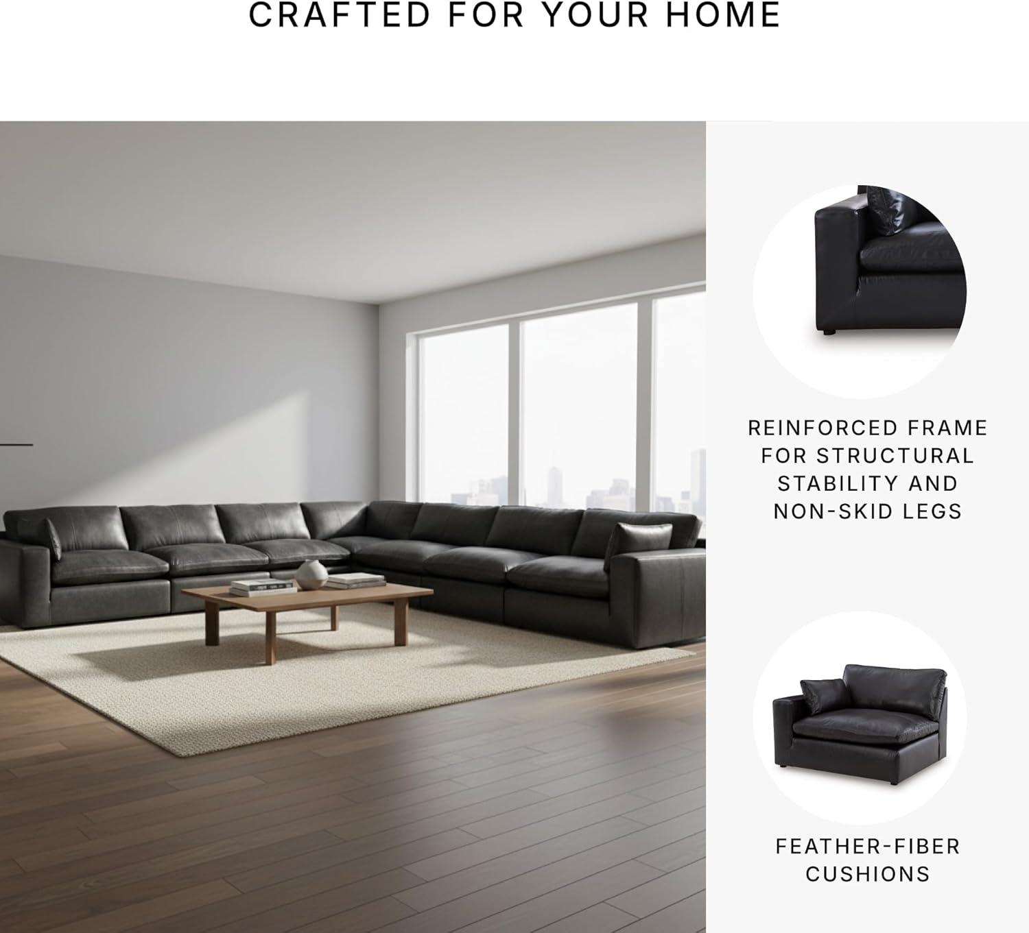 imageSignature Design by Ashley Emilia Sectional Sofa Modular Leather Couch with Feather Cushions Contemporary Living Room Seating with Floating Pieces 170 W x 170 D x 36 H