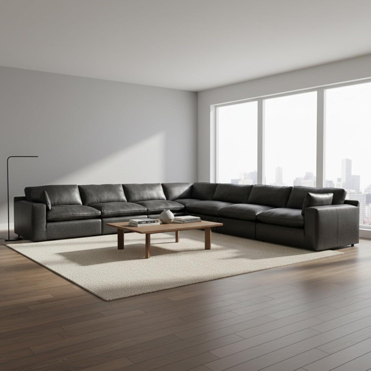 imageSignature Design by Ashley Emilia Sectional Sofa Modular Leather Couch with Feather Cushions Contemporary Living Room Seating with Floating Pieces 170 W x 170 D x 36 H