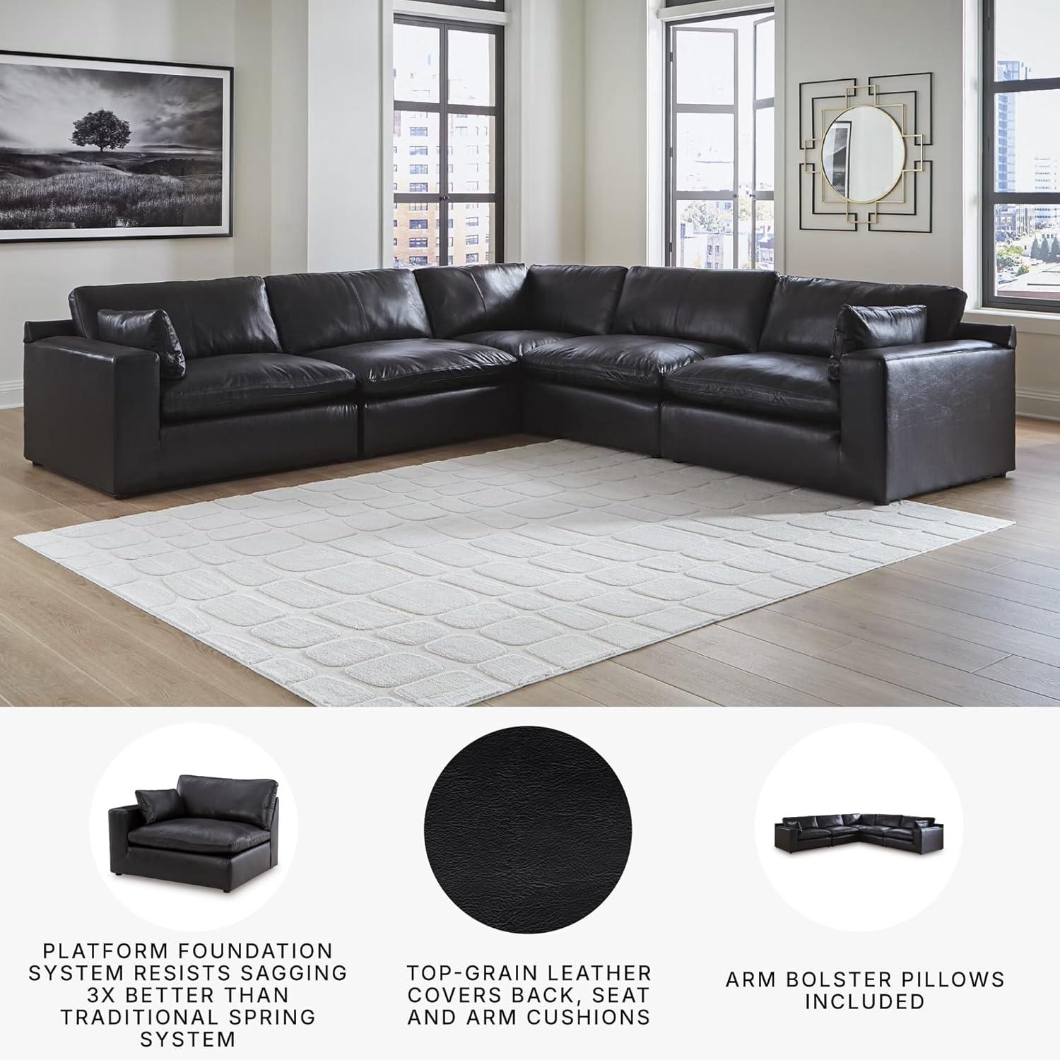 imageSignature Design by Ashley Emilia Sectional Sofa Modular Leather Couch with Feather Cushions and Floating Design Contemporary Living Room Sectionals Warm Brown