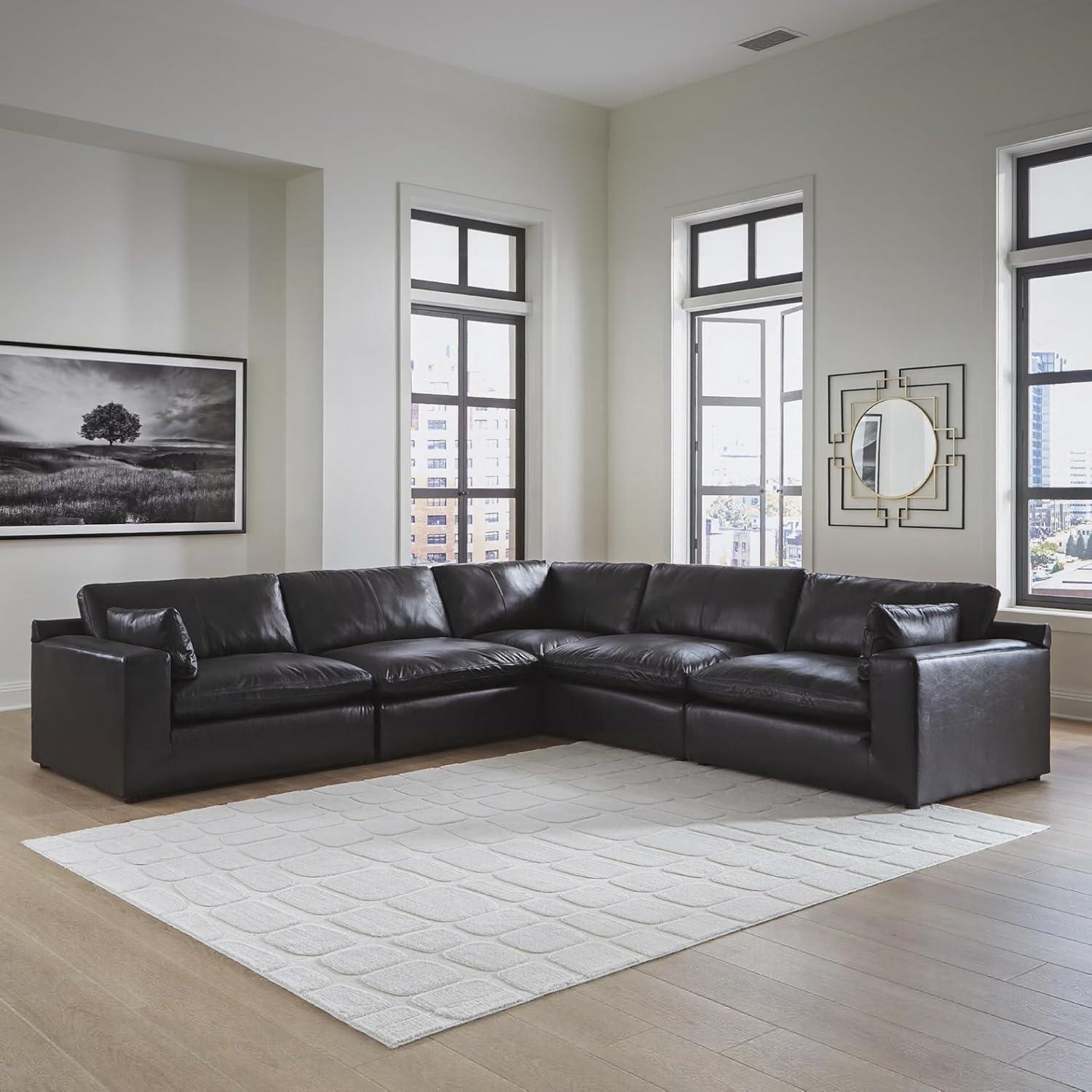 imageSignature Design by Ashley Emilia Sectional Sofa Modular Leather Couch with Feather Cushions and Floating Design Contemporary Living Room Sectionals Warm Brown