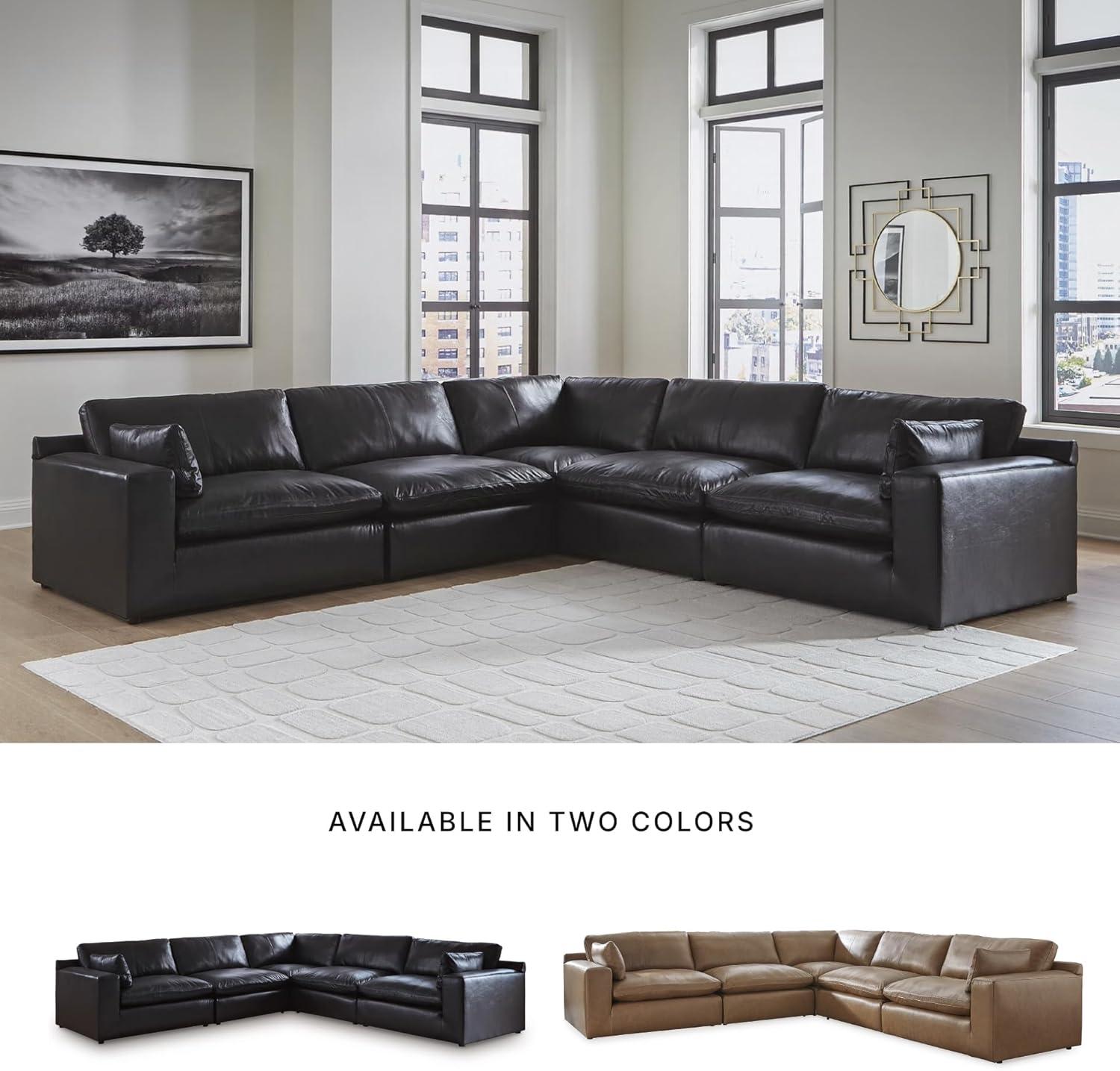 imageSignature Design by Ashley Emilia Sectional Sofa Modular Leather Couch with Feather Cushions and Floating Design Contemporary Living Room Sectionals Warm Brown