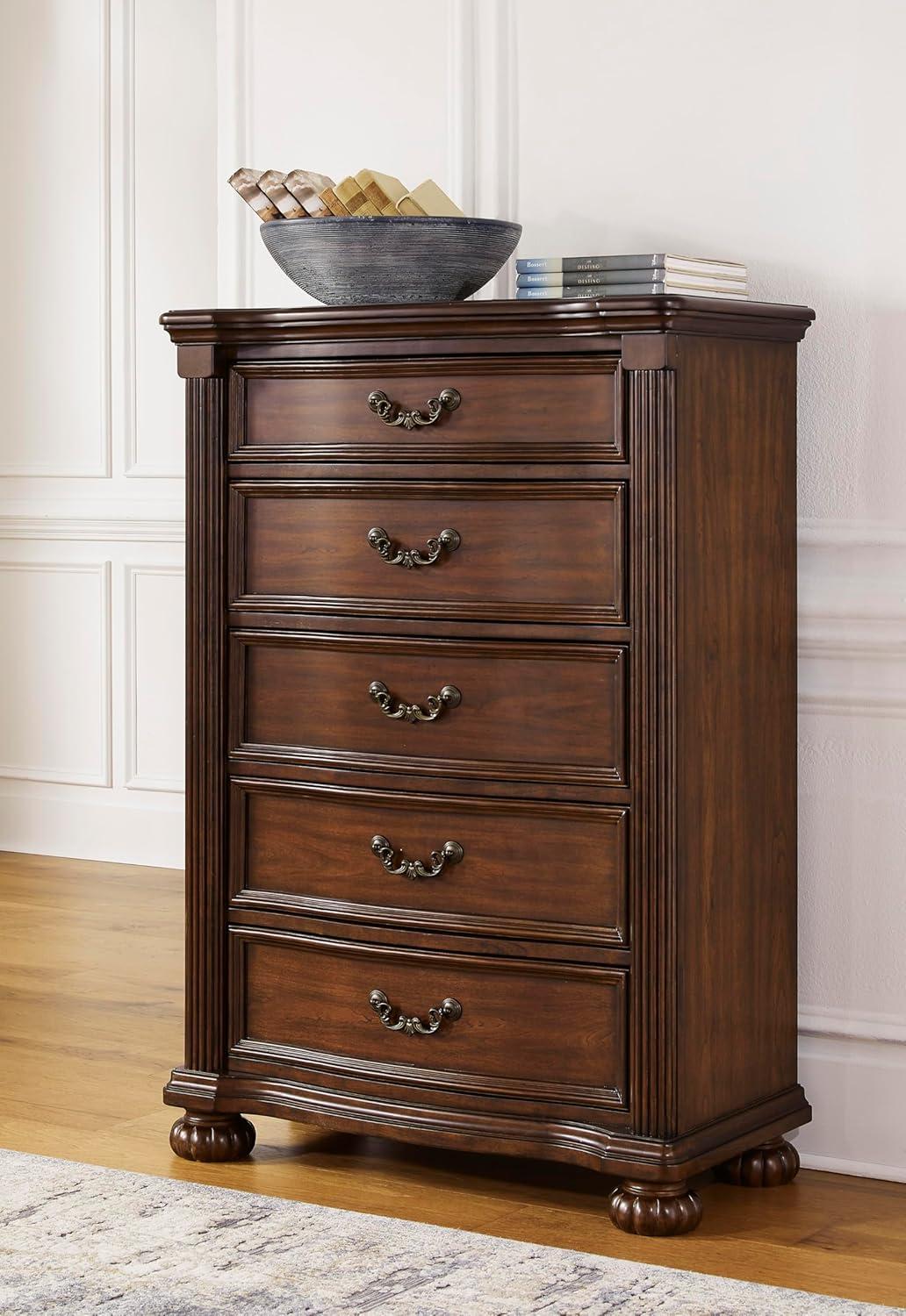 imageSignature Design by Ashley Lavinton Traditional Chest with 5 SmoothGliding Drawers Metal Drawer Pulls Wood Cherry Brown Finish 3538 W x 1788 D x 51 H