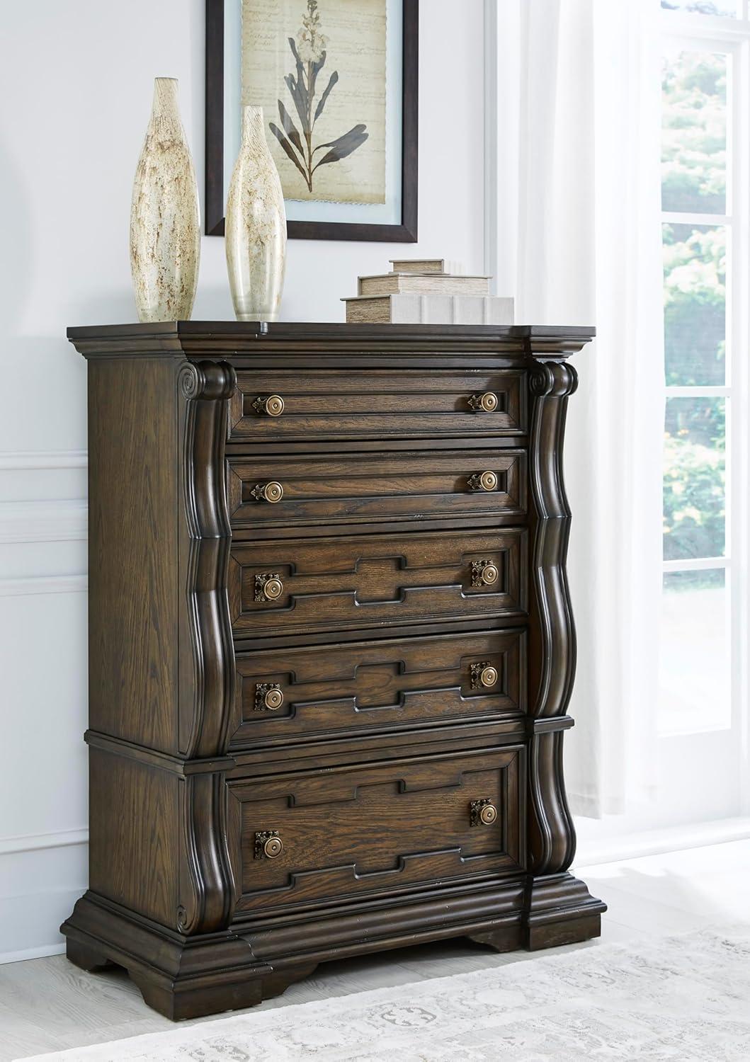 imageSignature Design by Ashley Maylee Traditional Chest with 5 SmoothGliding Drawers Felt Lined Top Drawer Goldtone Handles Wood Dark Brown Finish 435 W