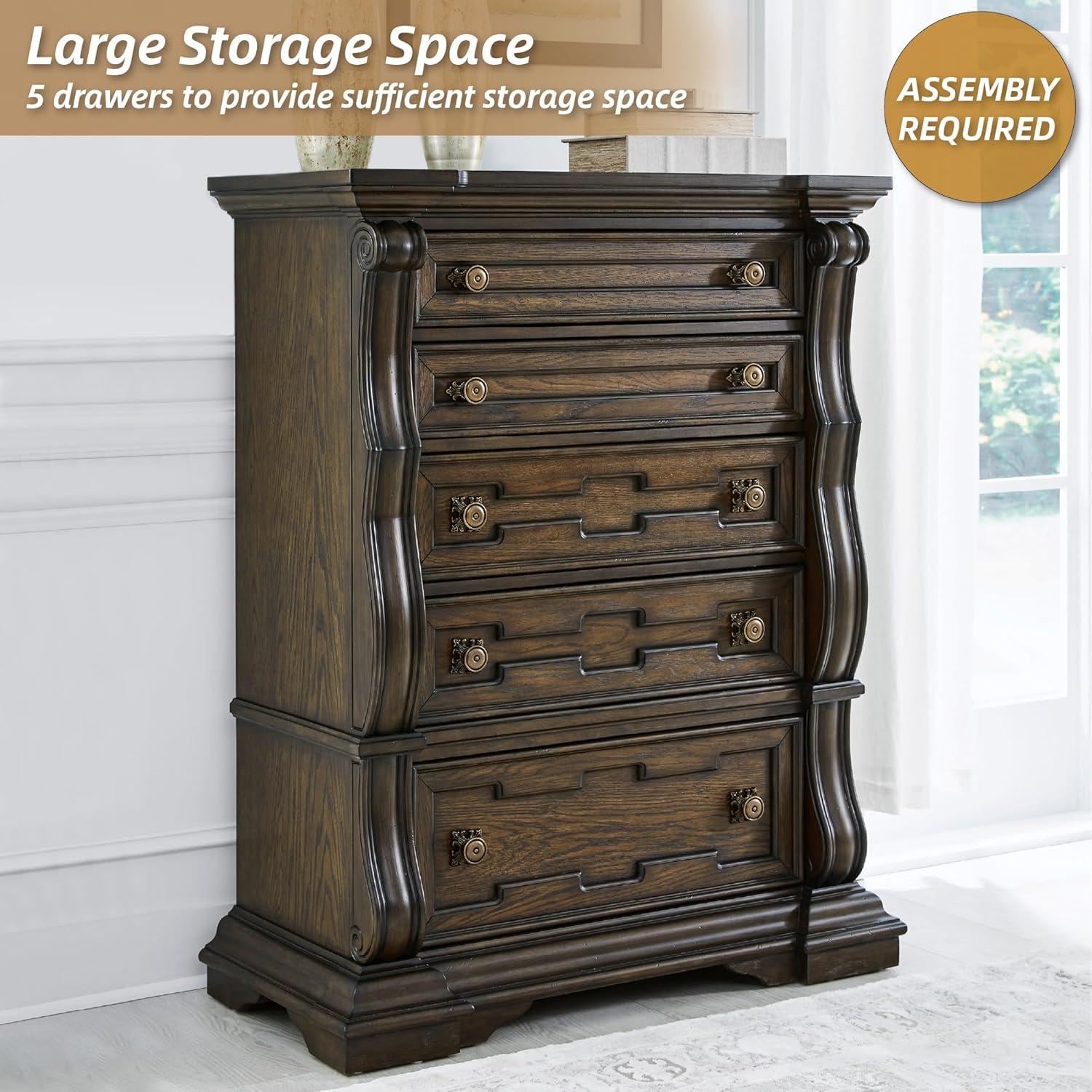 imageSignature Design by Ashley Maylee Traditional Chest with 5 SmoothGliding Drawers Felt Lined Top Drawer Goldtone Handles Wood Dark Brown Finish 435 W
