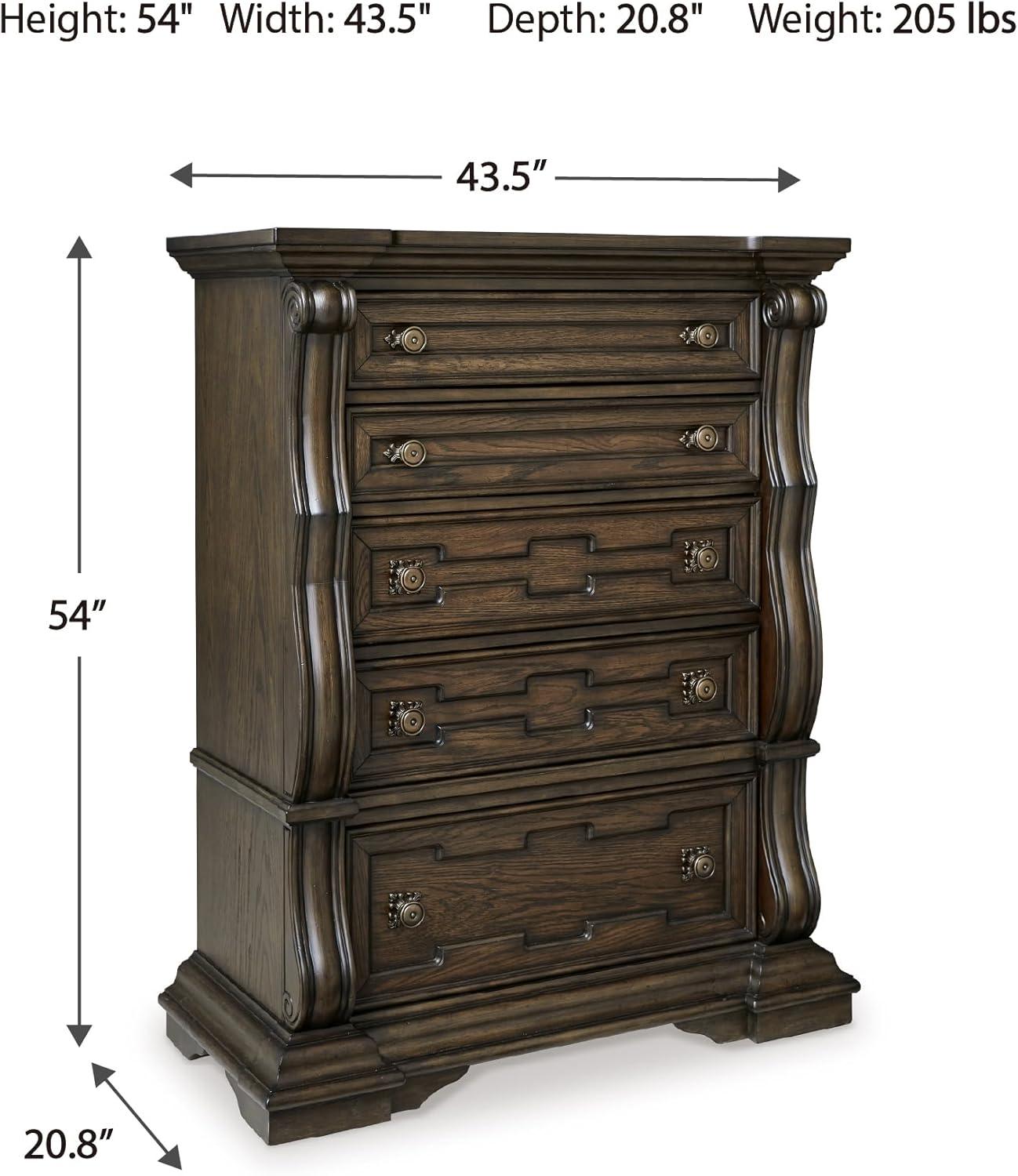 imageSignature Design by Ashley Maylee Traditional Chest with 5 SmoothGliding Drawers Felt Lined Top Drawer Goldtone Handles Wood Dark Brown Finish 435 W
