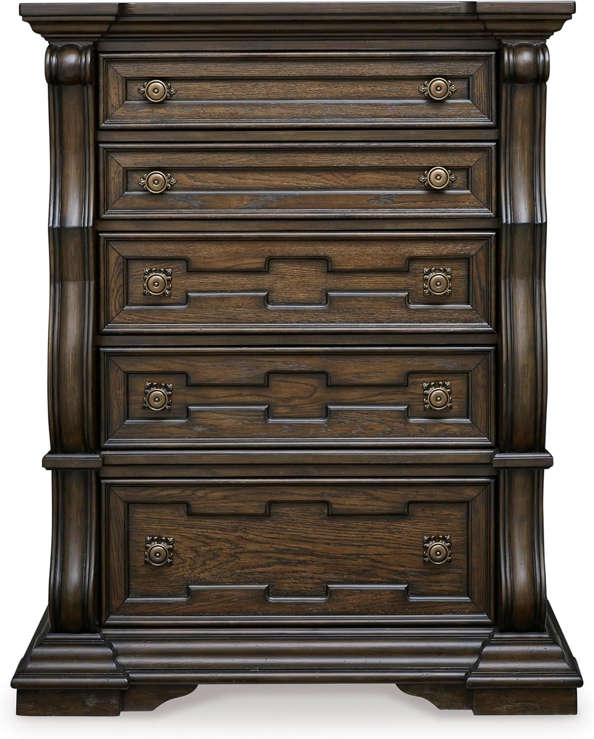 imageSignature Design by Ashley Maylee Traditional Chest with 5 SmoothGliding Drawers Felt Lined Top Drawer Goldtone Handles Wood Dark Brown Finish 435 W