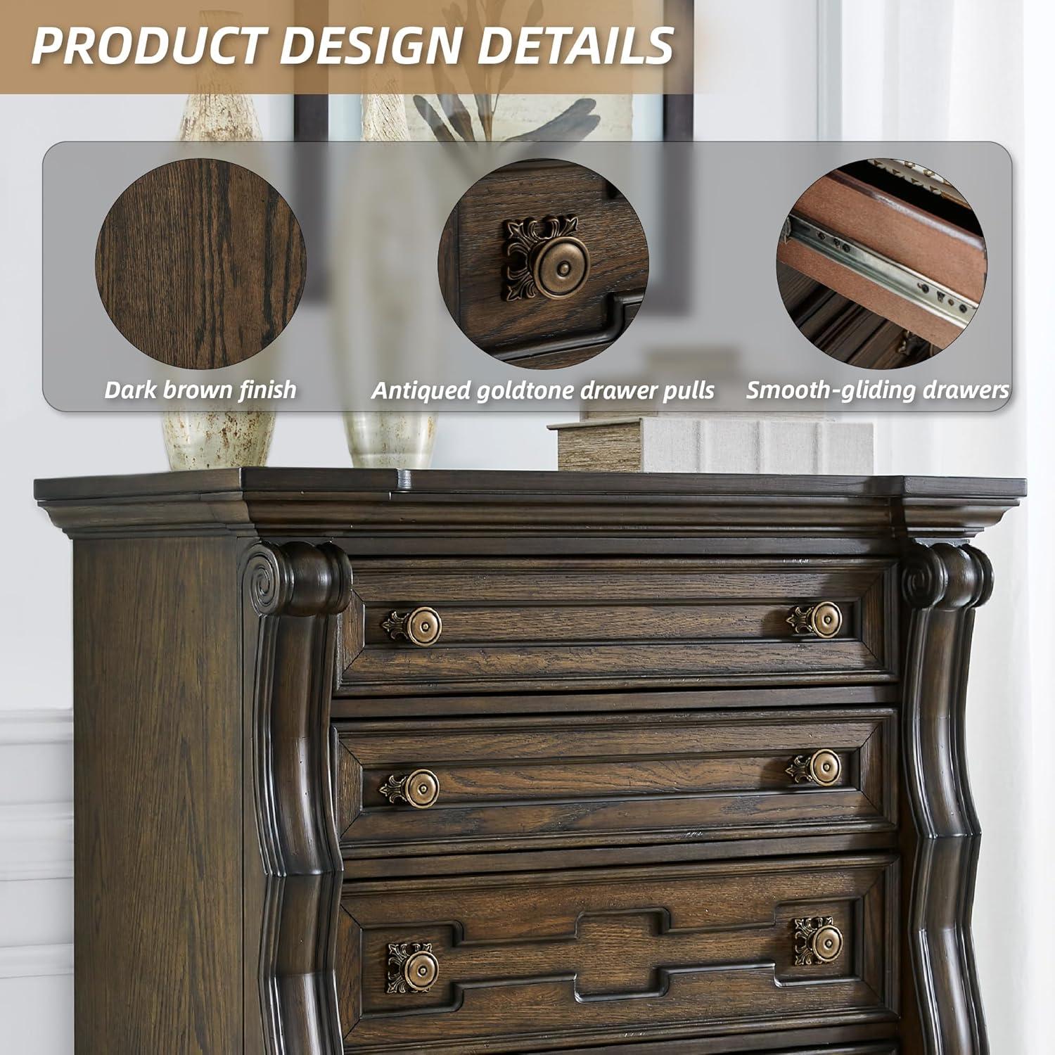 imageSignature Design by Ashley Maylee Traditional Chest with 5 SmoothGliding Drawers Felt Lined Top Drawer Goldtone Handles Wood Dark Brown Finish 435 W