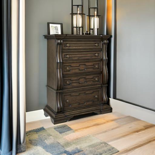 imageSignature Design by Ashley Maylee Traditional Chest with 5 SmoothGliding Drawers Felt Lined Top Drawer Goldtone Handles Wood Dark Brown Finish 435 W